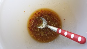 5 Ts fish sauce, 3Ts white vinegar, 4 garlic, 3 Red chilli, 1T sugar, 1T soy sauce, 3Ts sesame oil, bits of black pepper 